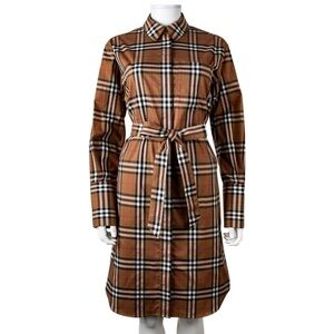 Burberry Check Ivery Taupe Brown Check Cotton Belted Dress Size US Size 12